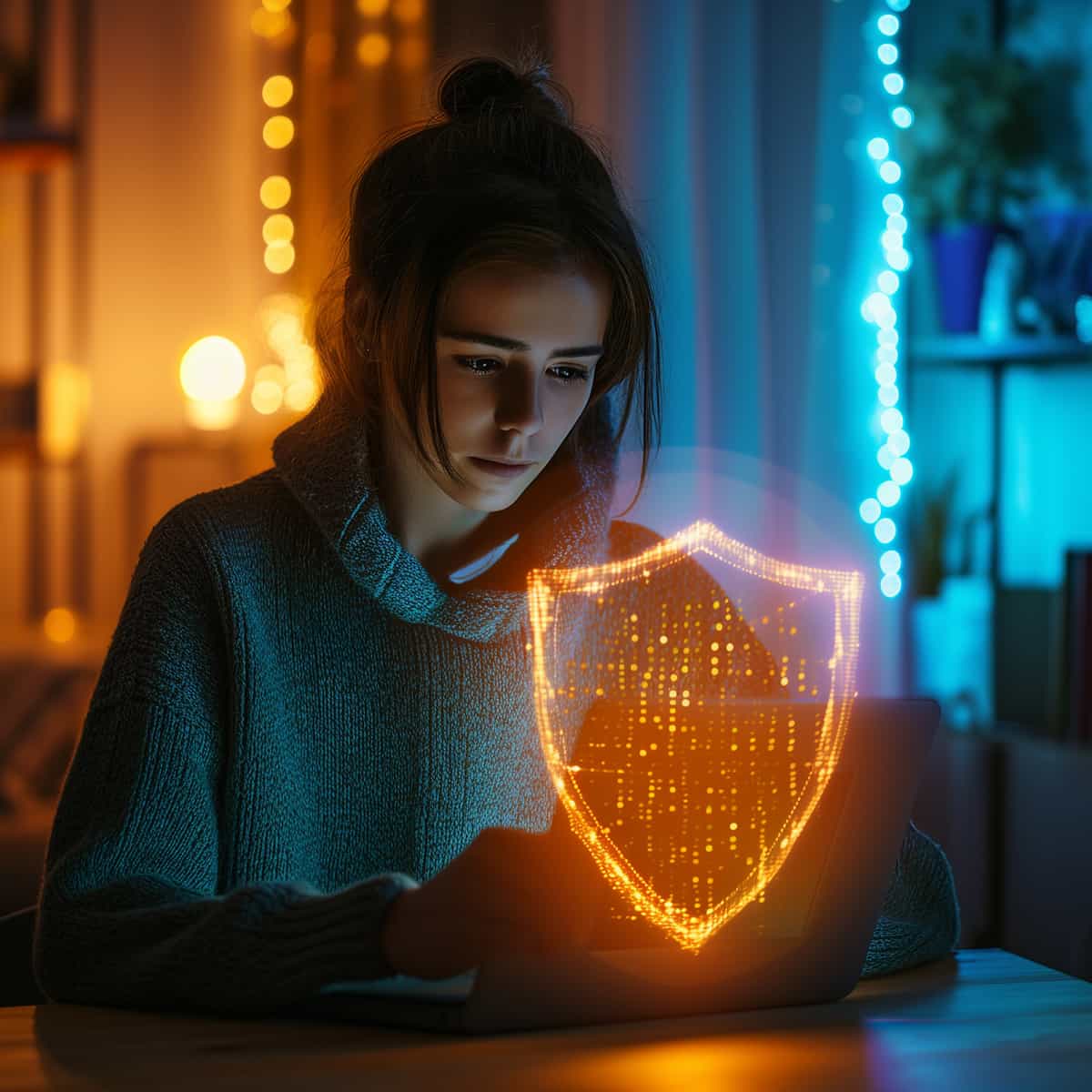 KI-generiertes Bild einer jungen Frau vor einem Laptop